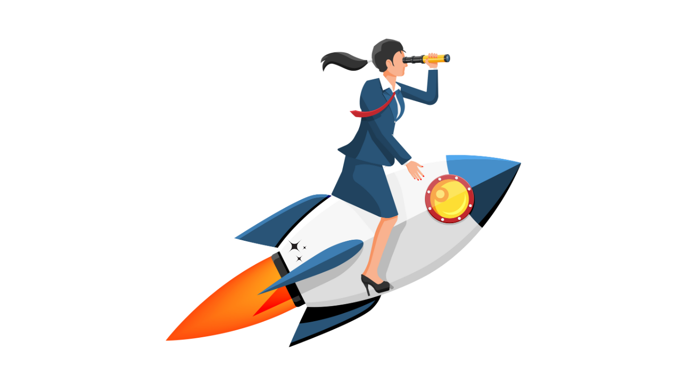 Woman in a suit riding a rocket and looking through a spyglass.